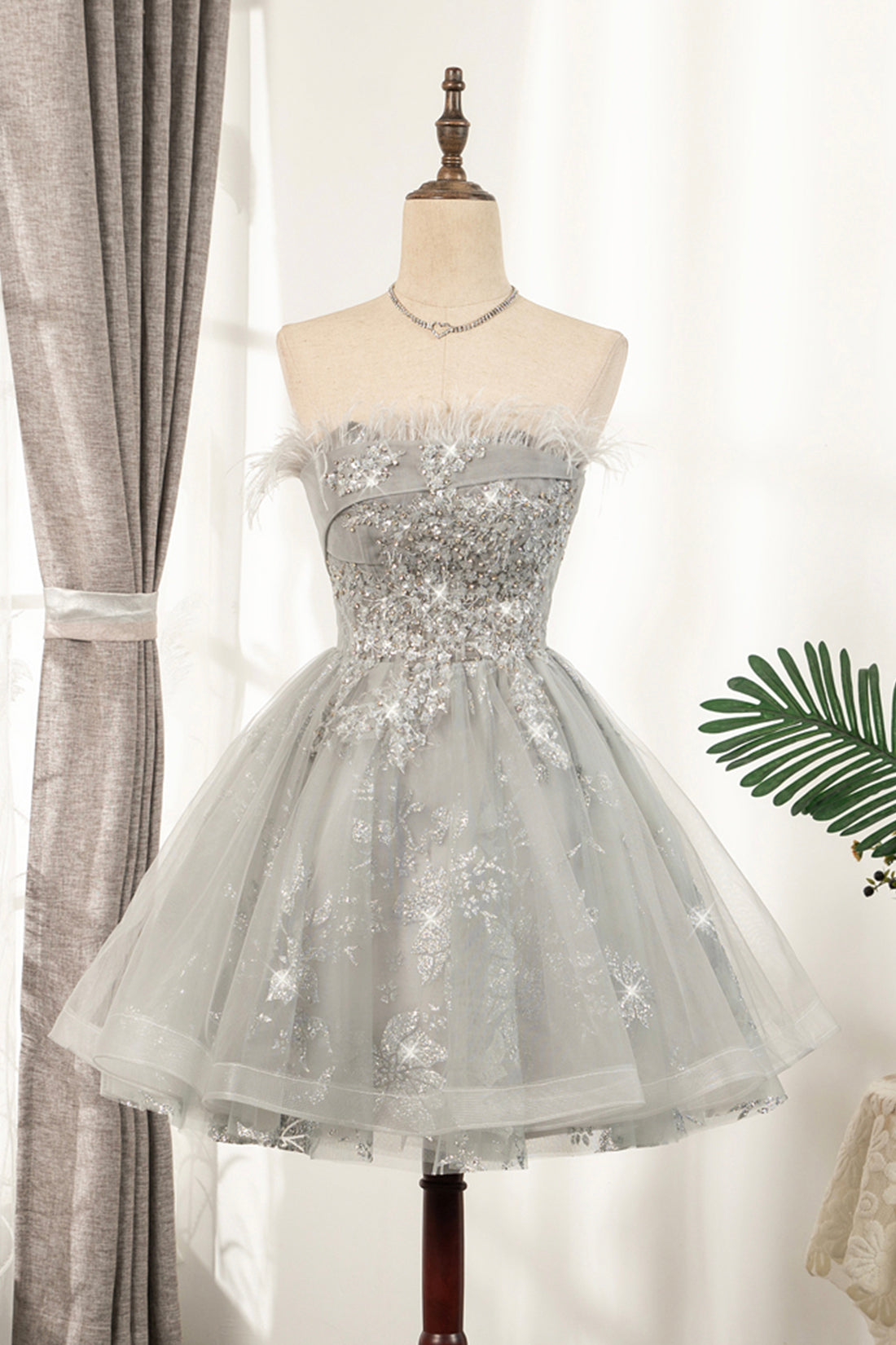 Gray Strapless Tulle Short Prom Dress with Sequins, Cute A-Line Party Dress