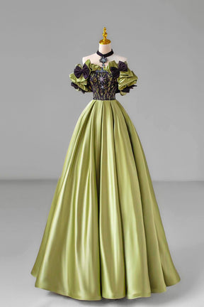 Green Satin Floor Length Prom Dress with Lace, Green Evening Party Dress