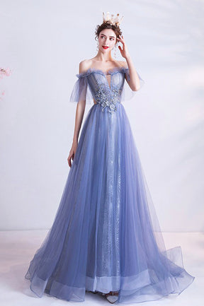 Off the Shoulder Lace Long Formal Dress, Blue A-Line Evening Party Dress
