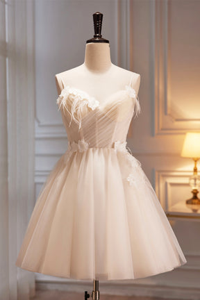 Spaghetti Strap V Neck Tulle Short Prom Dress, Cute Champagne Homecoming Dress