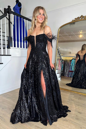 Sparkle Sequin Spaghetti Strap Black Long Prom Dresses with Slit ARD21 –  SheerGirl
