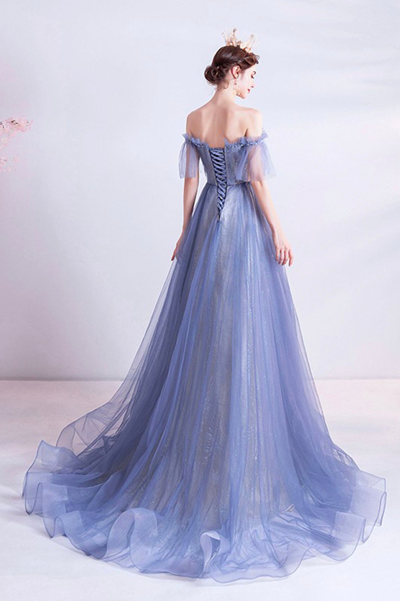 Off the Shoulder Lace Long Formal Dress, Blue A-Line Evening Party Dress
