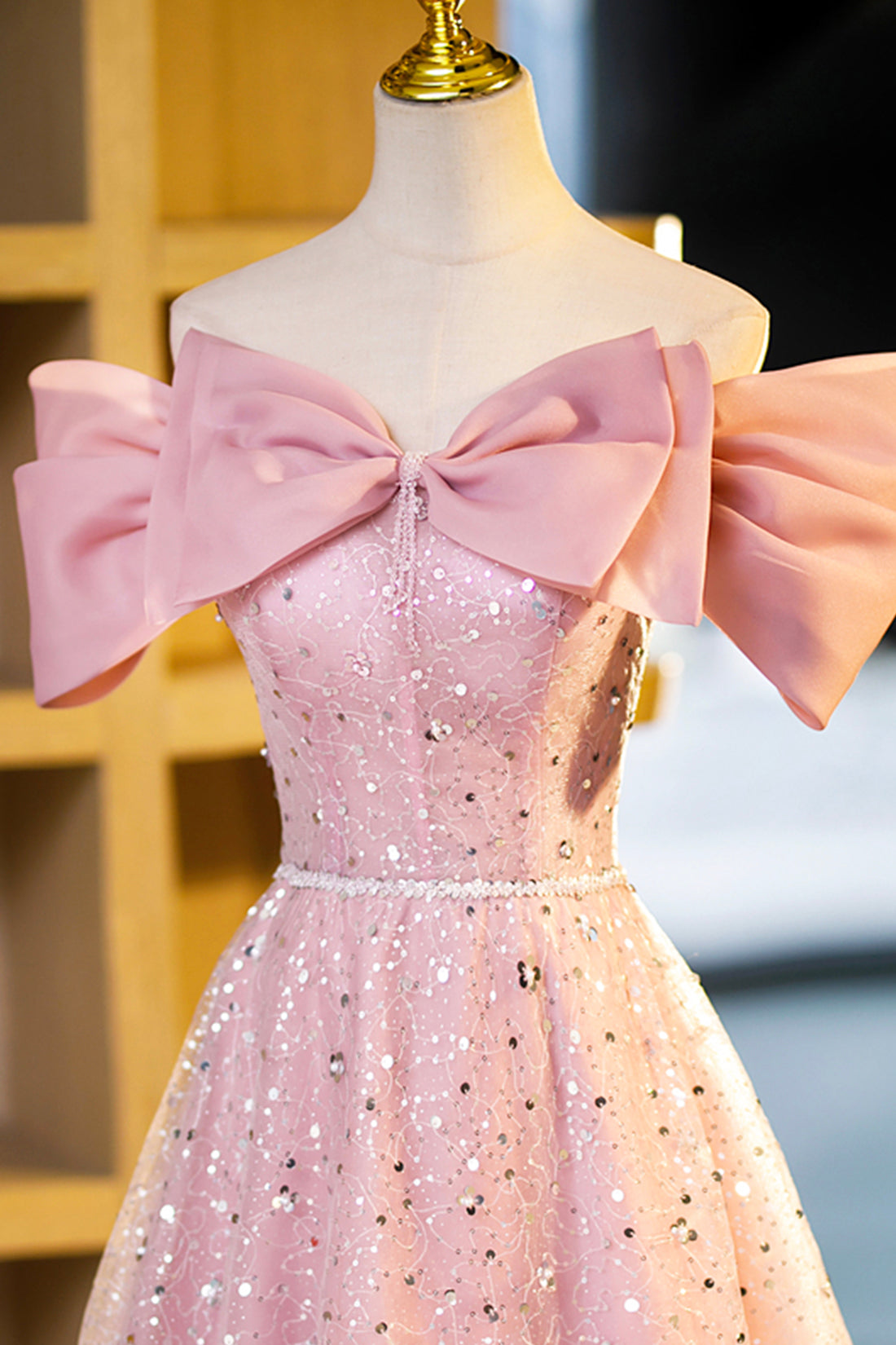 Beautiful Tulle Sequins Long Prom Dress, Pink Off Shoulder Evening Dress