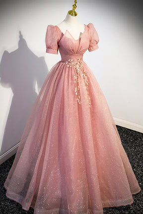 Beautiful Pink Tulle Floor Length Prom Dress, Cute Short Sleeve Evenin