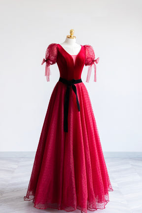 Elegant V-Neck Tulle and Velvet Long Prom Dress, Burgundy A-Line Evening Dress