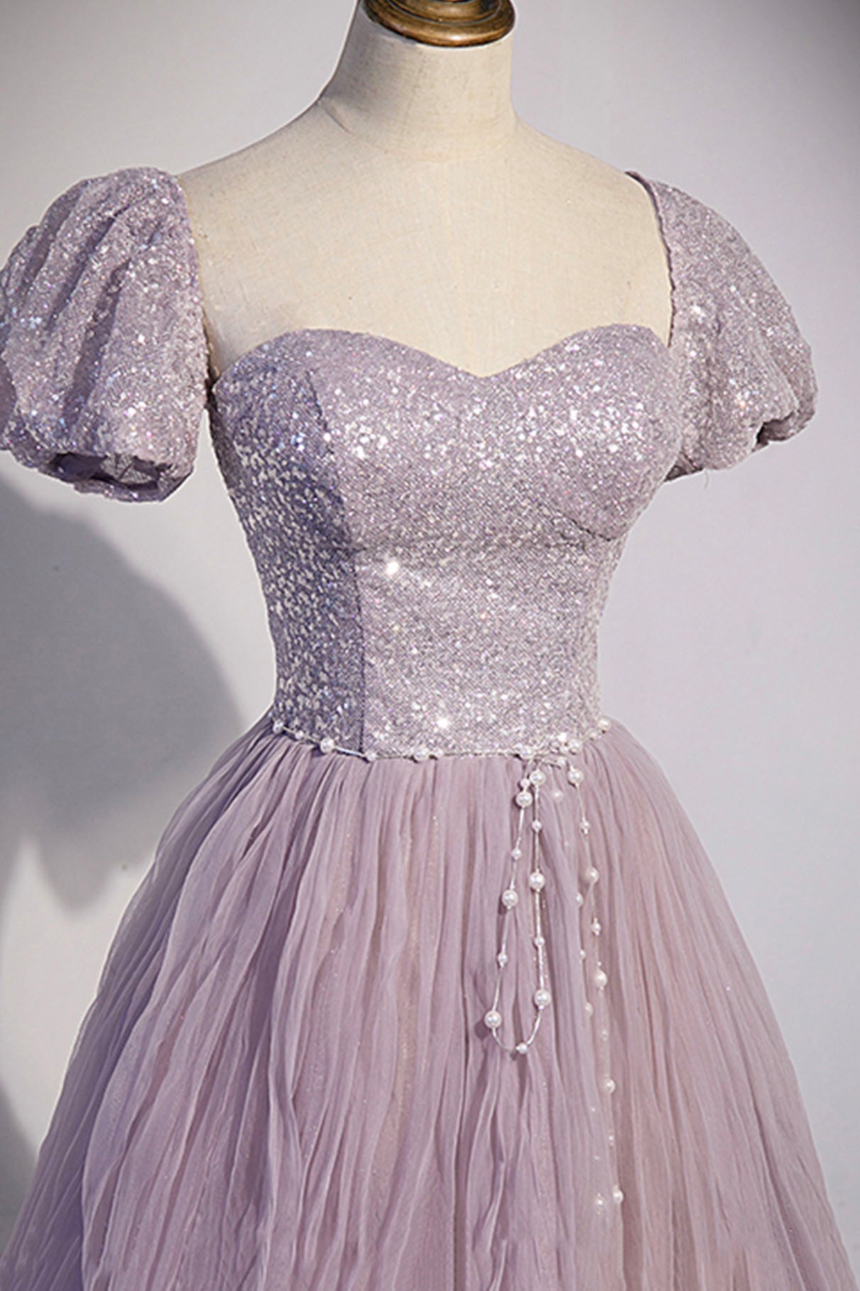 Purple Tulle Long A-Line Prom Dress, Purple Short Sleeve Evening Party Dress
