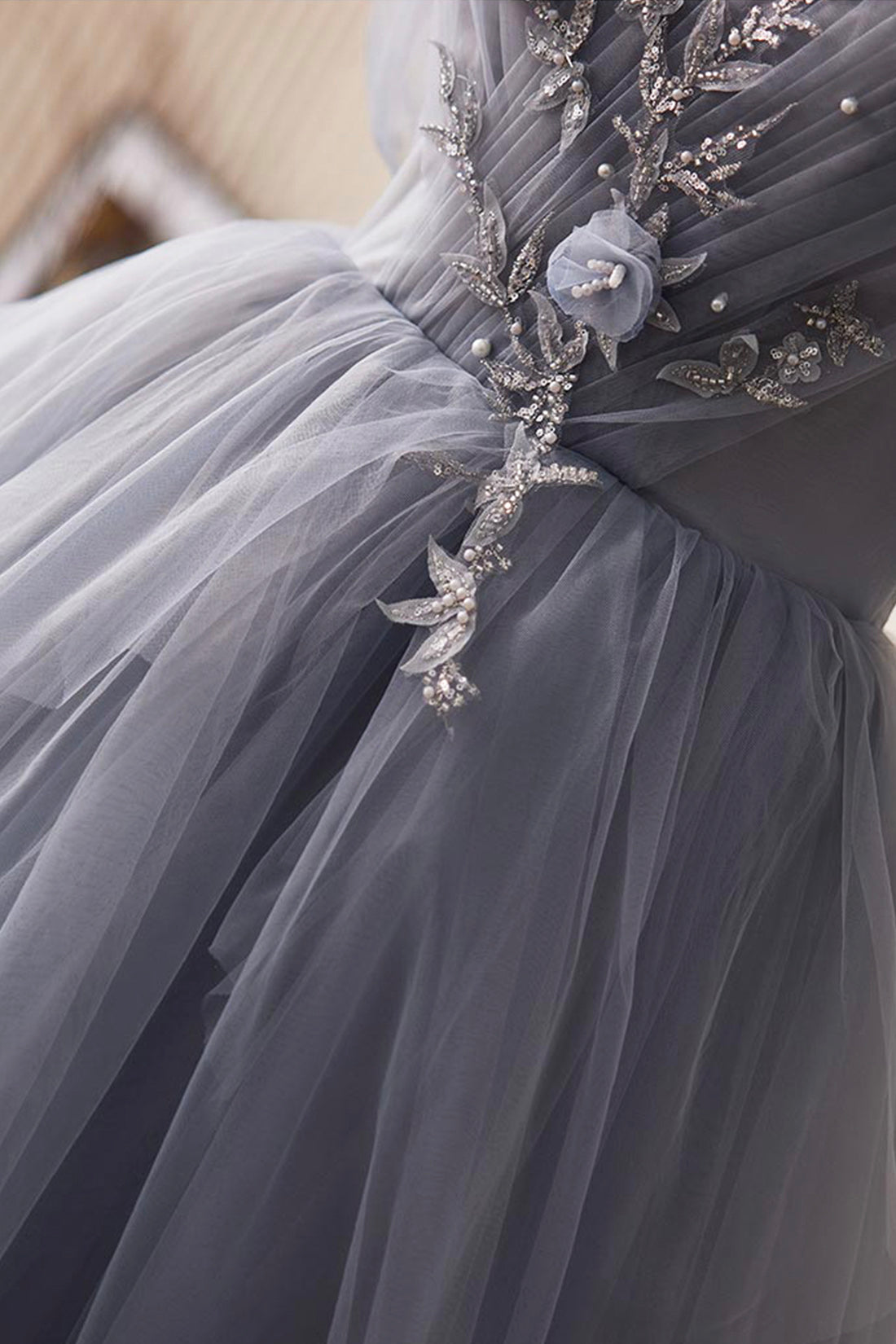 Gray Tulle Long Prom Dress, Off Shoulder Evening Dress Party Dress Gray Tulle Long Prom Dress, Off Shoulder Evening Dress Party Dress