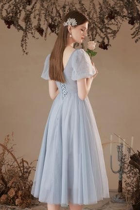 Gray Tulle Pearl Short Prom Dress, Cute A-Line Homecoming Dress