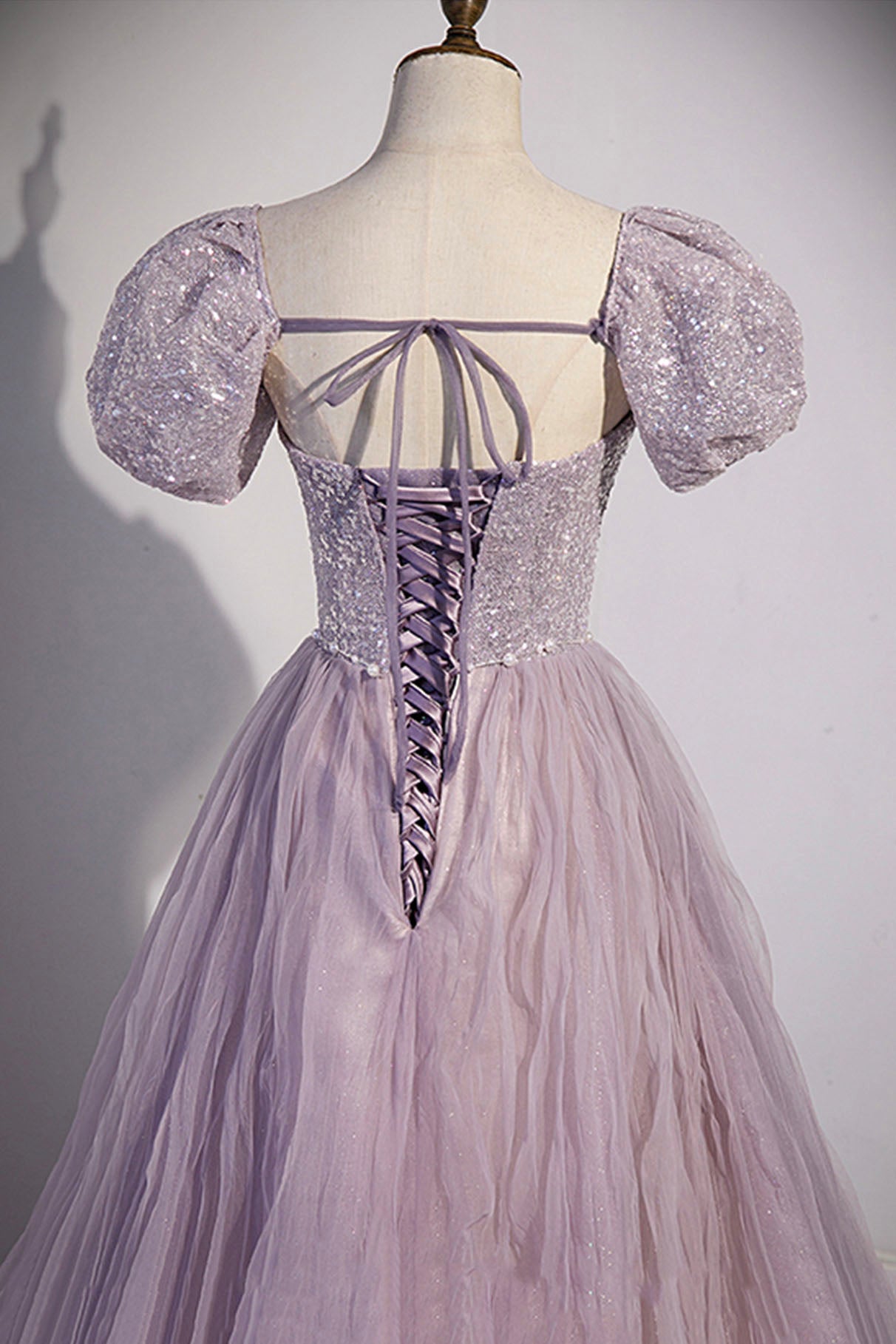 Purple Tulle Long A-Line Prom Dress, Purple Short Sleeve Evening Party Dress