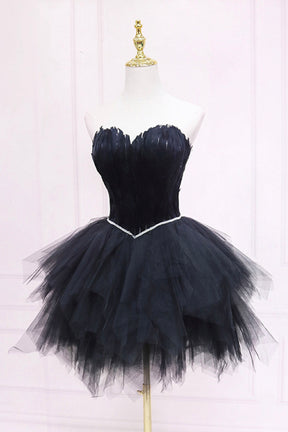 Black Tulle Short Prom Dress with Feather, A-Line Sweetheart Neckline Party Dress