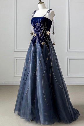 Blue Spaghetti Strap Long Prom Dress with Star, Blue Evening Party Dre Blue Spaghetti Strap Long Prom Dress with Star, Blue Evening Party Dre