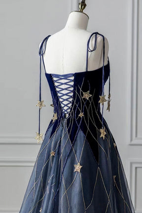 Blue Spaghetti Strap Long Prom Dress with Star, Blue Evening Party Dress