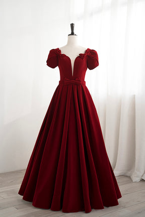 Burgundy Velvet Velvet Long Prom Dress, Cute Short Sleeve Party Dress