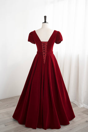 Burgundy Velvet Velvet Long Prom Dress, Cute Short Sleeve Party Dress