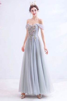 Gray Lace Long A-Line Prom Dress, Off the Shoulder Evening Party Dress