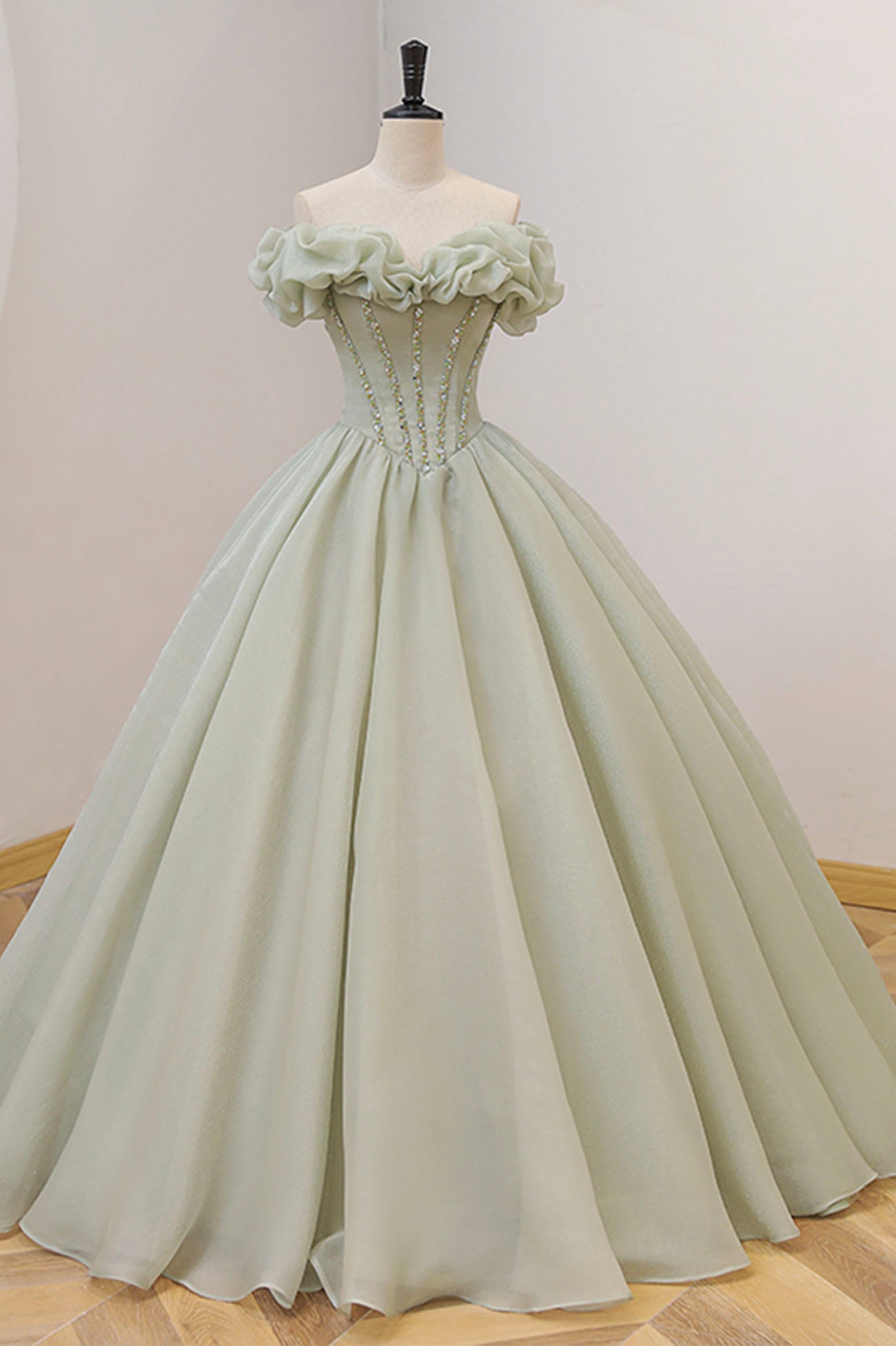 Green A-Line Tulle Long Prom Dress with Beaded, Off the Shoulder Evening Dress