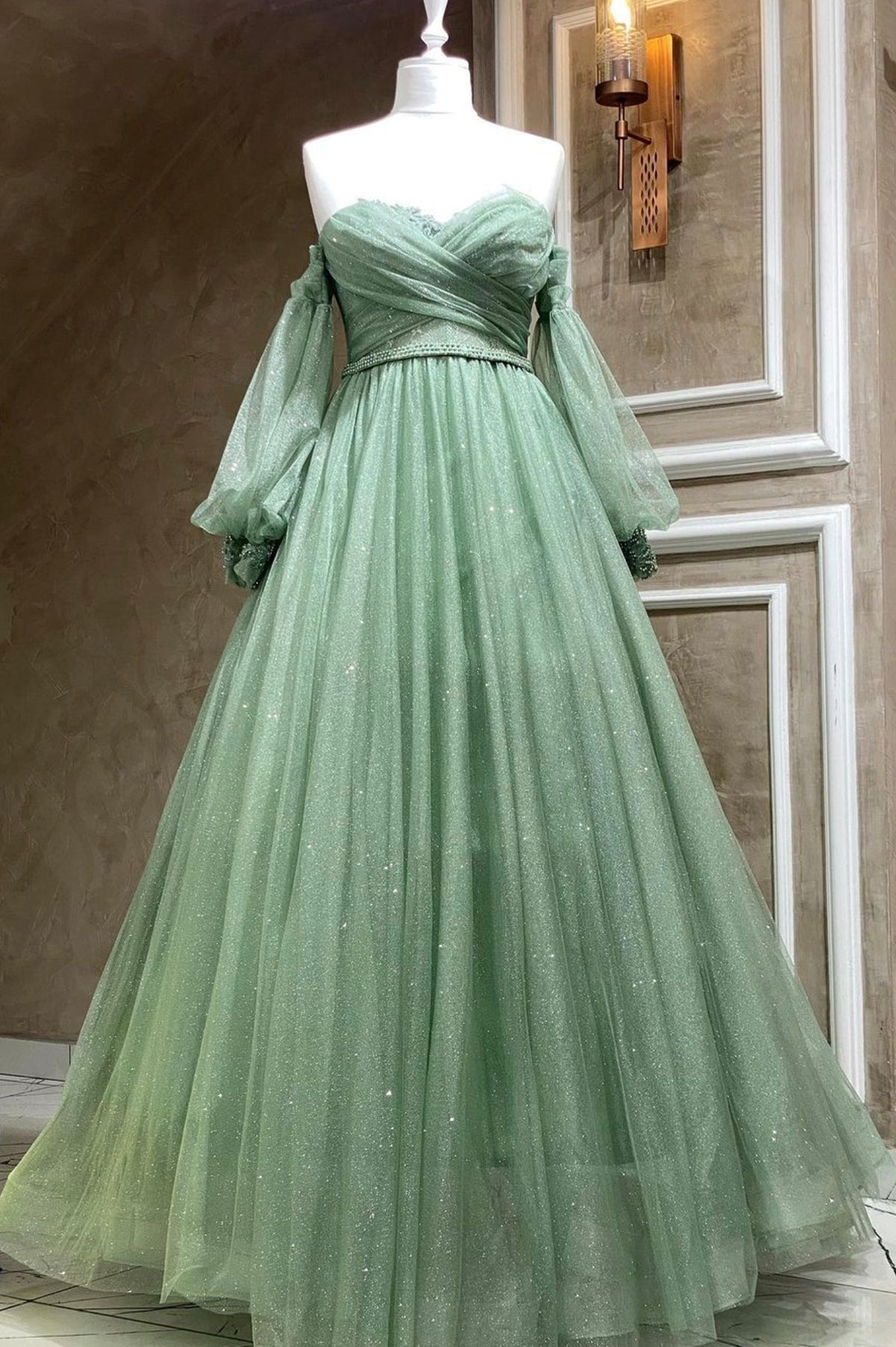 Green Strapless Tulle Long Sleeve Prom Dress, Green A-Line Evening Party Dress