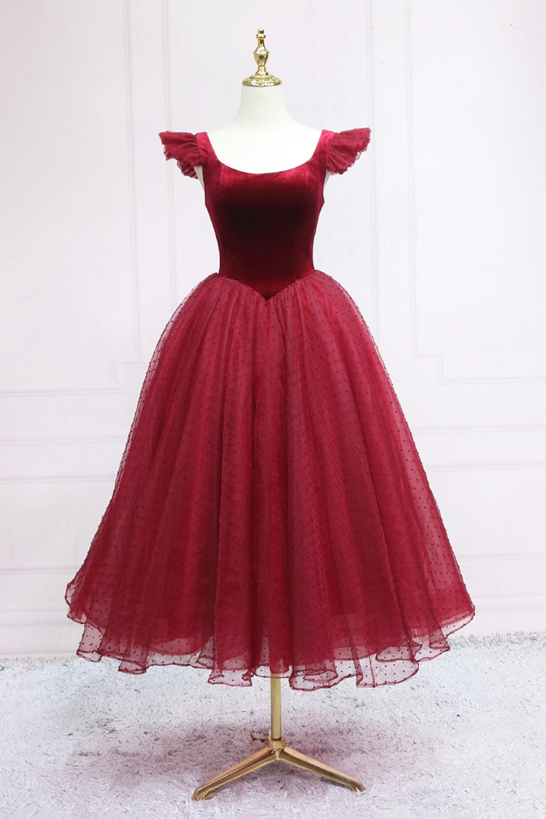 Burgundy Velvet Tulle Tea Length Prom Dress, Cute A-Line Party Dress