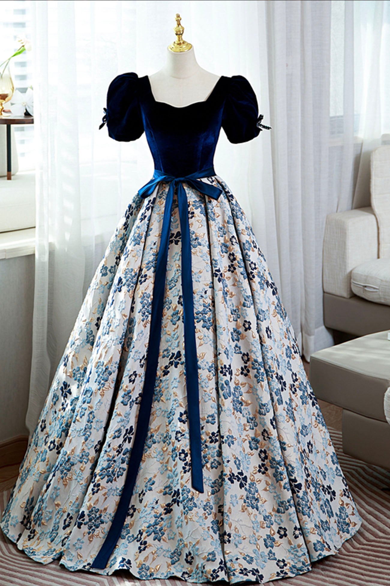 Blue Velvet Floral Long Ball Gown, A-Line Short Sleeve Formal Evening Blue Velvet Floral Long Ball Gown, A-Line Short Sleeve Formal Evening
