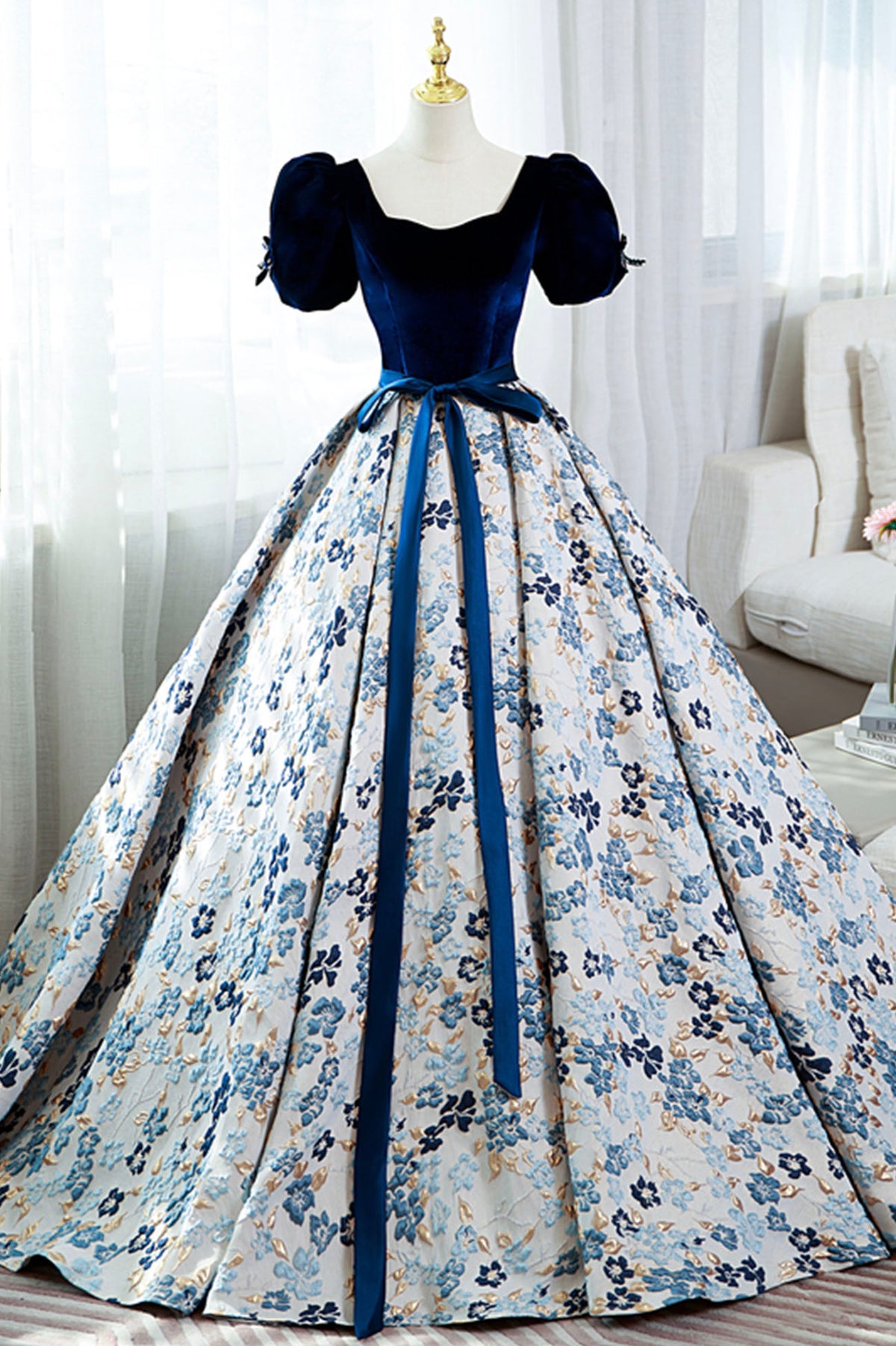 Blue Velvet Floral Long Ball Gown, A-Line Short Sleeve Formal Evening Dress