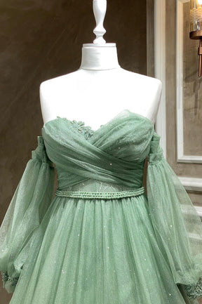 Green Strapless Tulle Long Sleeve Prom Dress, Green A-Line Evening Party Dress