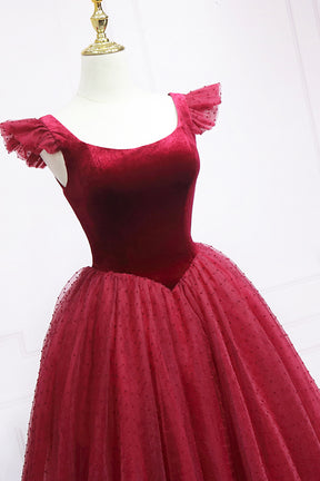 Burgundy Velvet Tulle Tea Length Prom Dress, Cute A-Line Party Dress