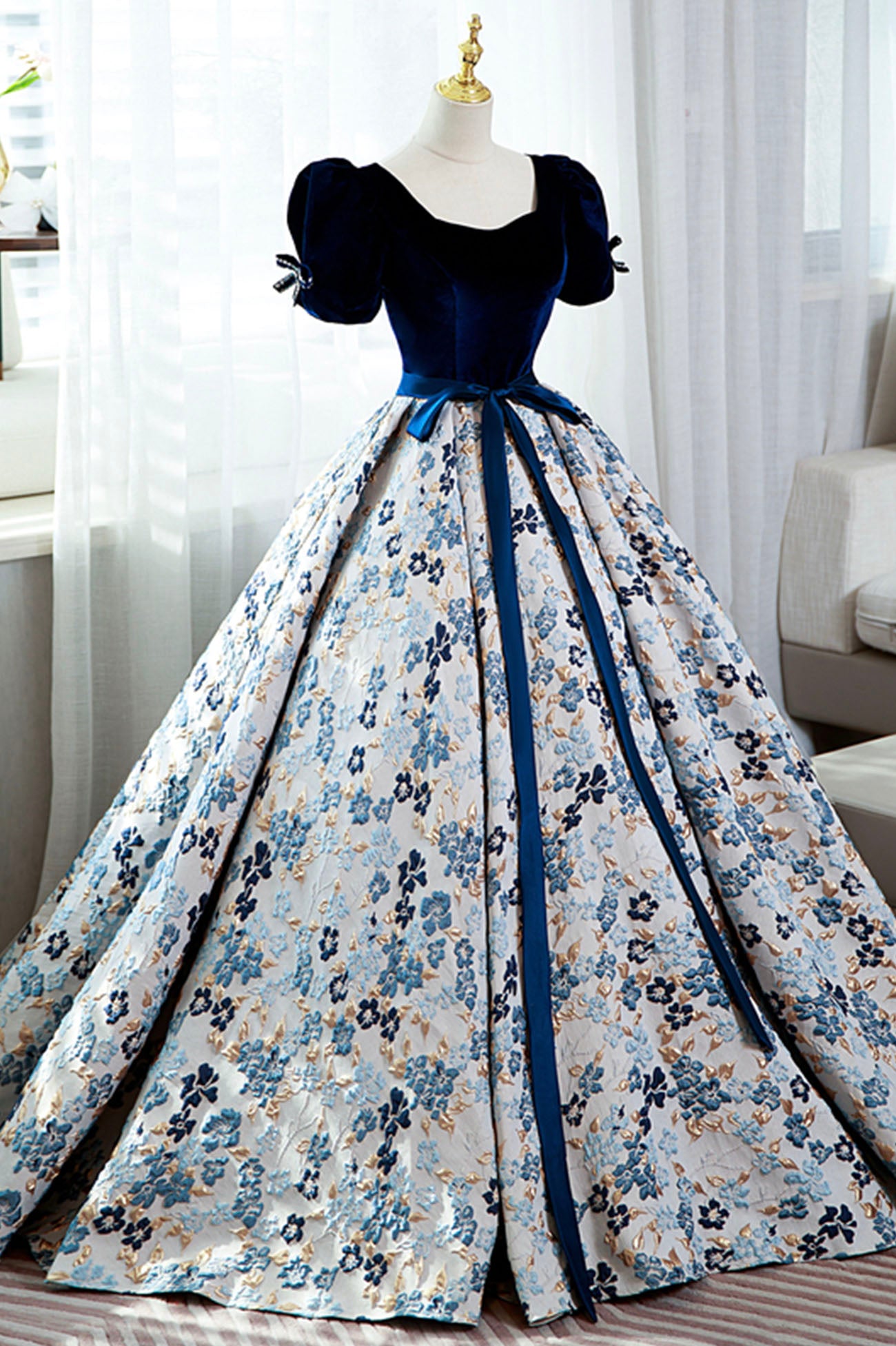 Blue Velvet Floral Long Ball Gown, A-Line Short Sleeve Formal Evening Blue Velvet Floral Long Ball Gown, A-Line Short Sleeve Formal Evening