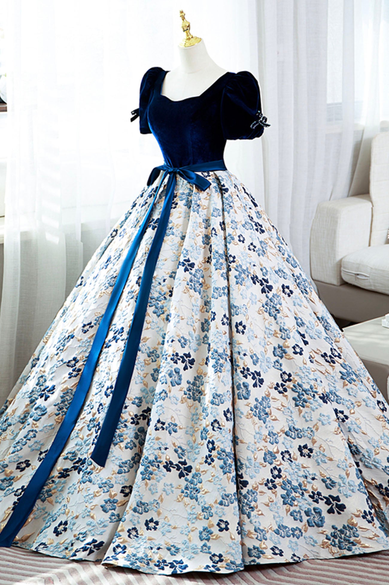 Zapaka Women Bridesmaid Dress Blue Floral Print Spaghetti Straps Wedding  Party Dress – ZAPAKA
