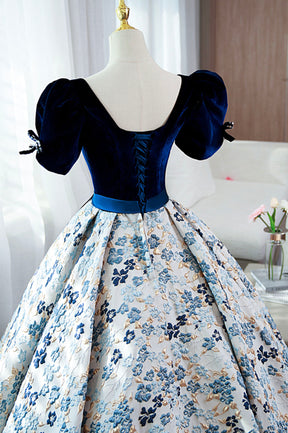 Blue Velvet Floral Long Ball Gown, A-Line Short Sleeve Formal Evening Dress