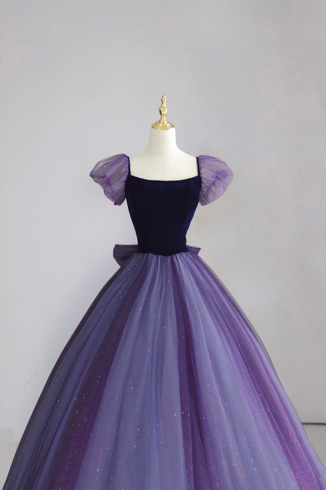 Purple Tulle Long Prom Dress with Velvet, Cute A-Line Short Sleeve Evening Dress