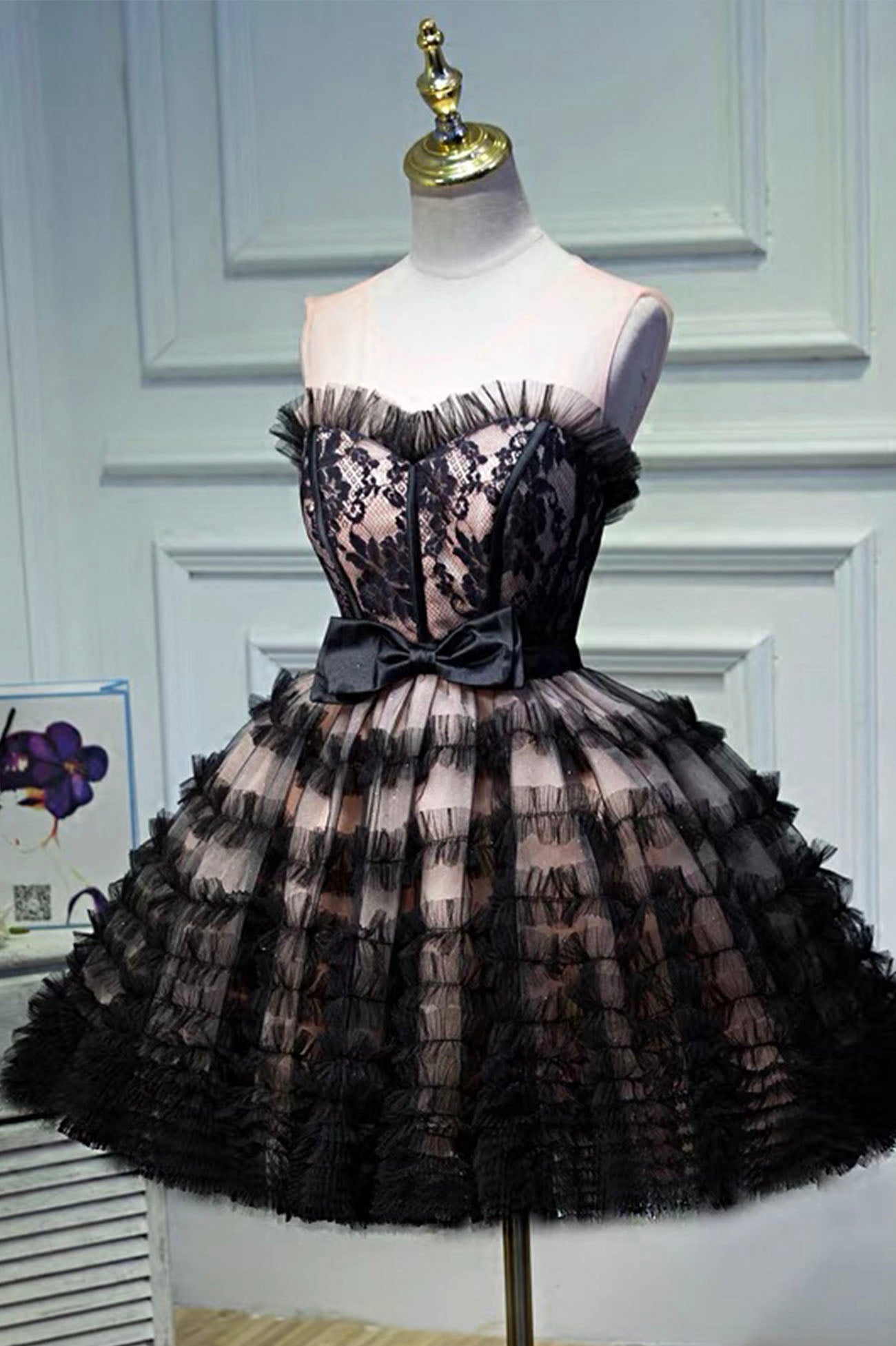 Black Tulle Lace Short Prom Dress, A-Line Black Homecoming Dress