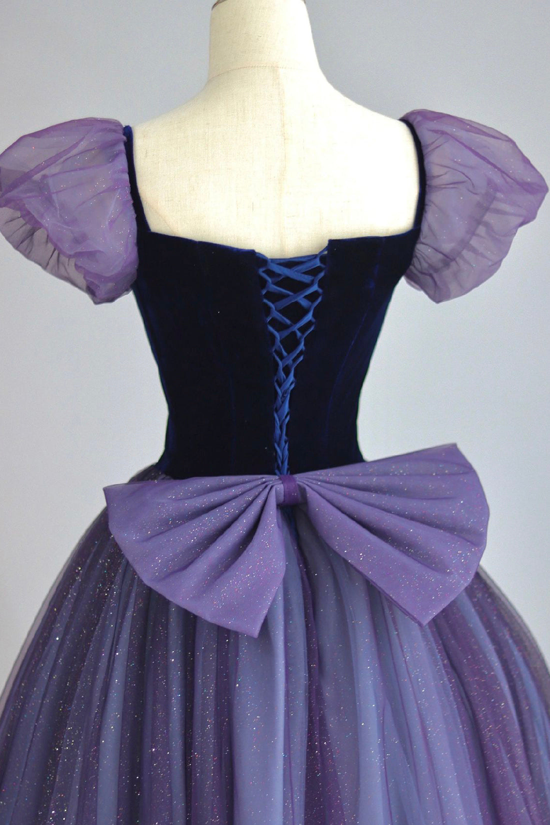 Purple Tulle Long Prom Dress with Velvet, Cute A-Line Short Sleeve Evening Dress