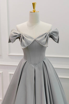 Gray Satin Floor Length Formal Dress with Pearls, Cute A-Line Prom Dress