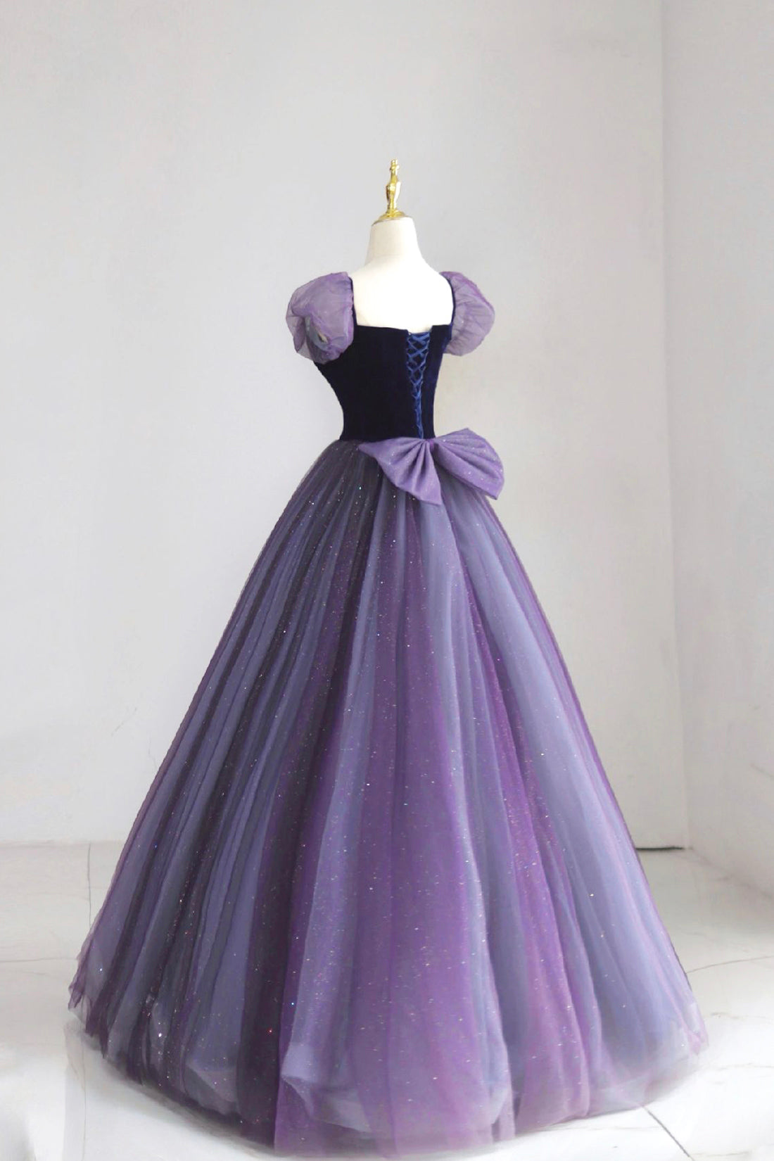 Purple Tulle Long Prom Dress with Velvet, Cute A-Line Short Sleeve Eve Purple Tulle Long Prom Dress with Velvet, Cute A-Line Short Sleeve Eve