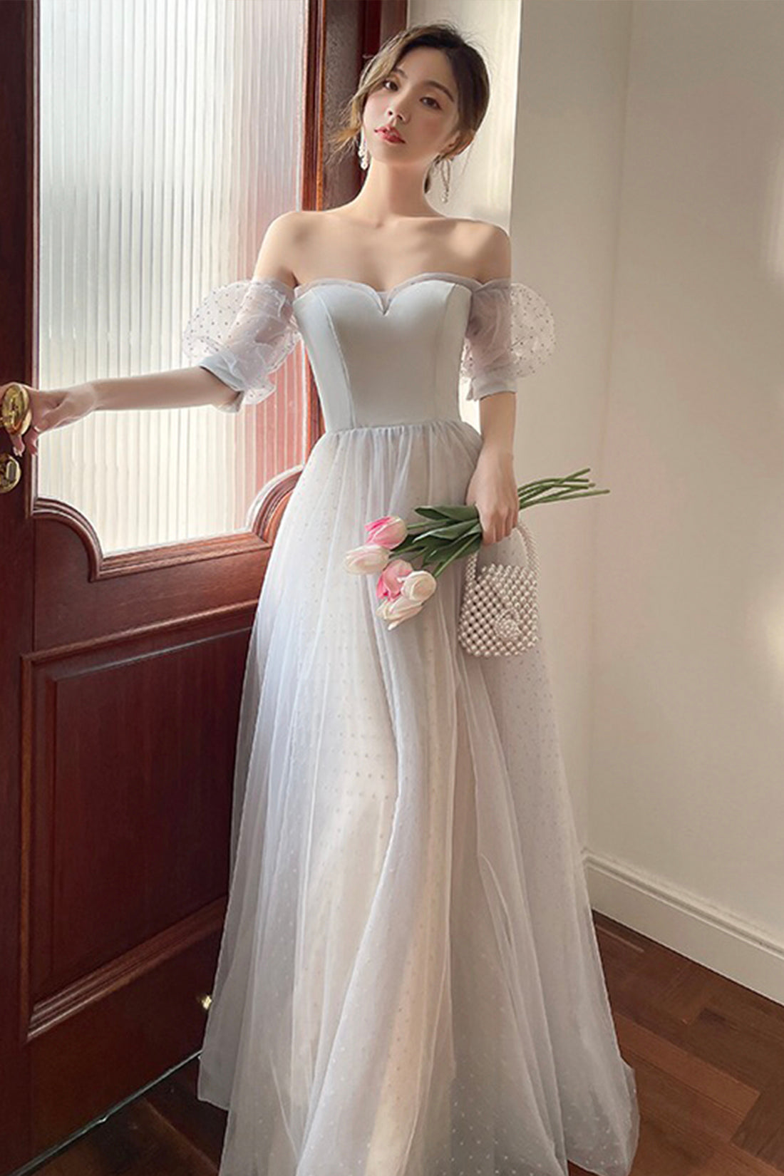 Gray Strapless Tulle Long Prom Dress, Cute A-Line Evening Dress Party Dress