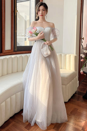 Gray Strapless Tulle Long Prom Dress, Cute A-Line Evening Dress Party Dress