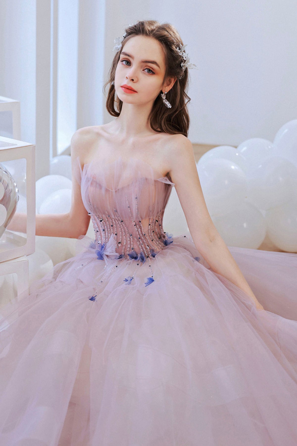 Pink Strapless Tulle Long Prom Dress with Beaded, Lovely Pink Evening Dress