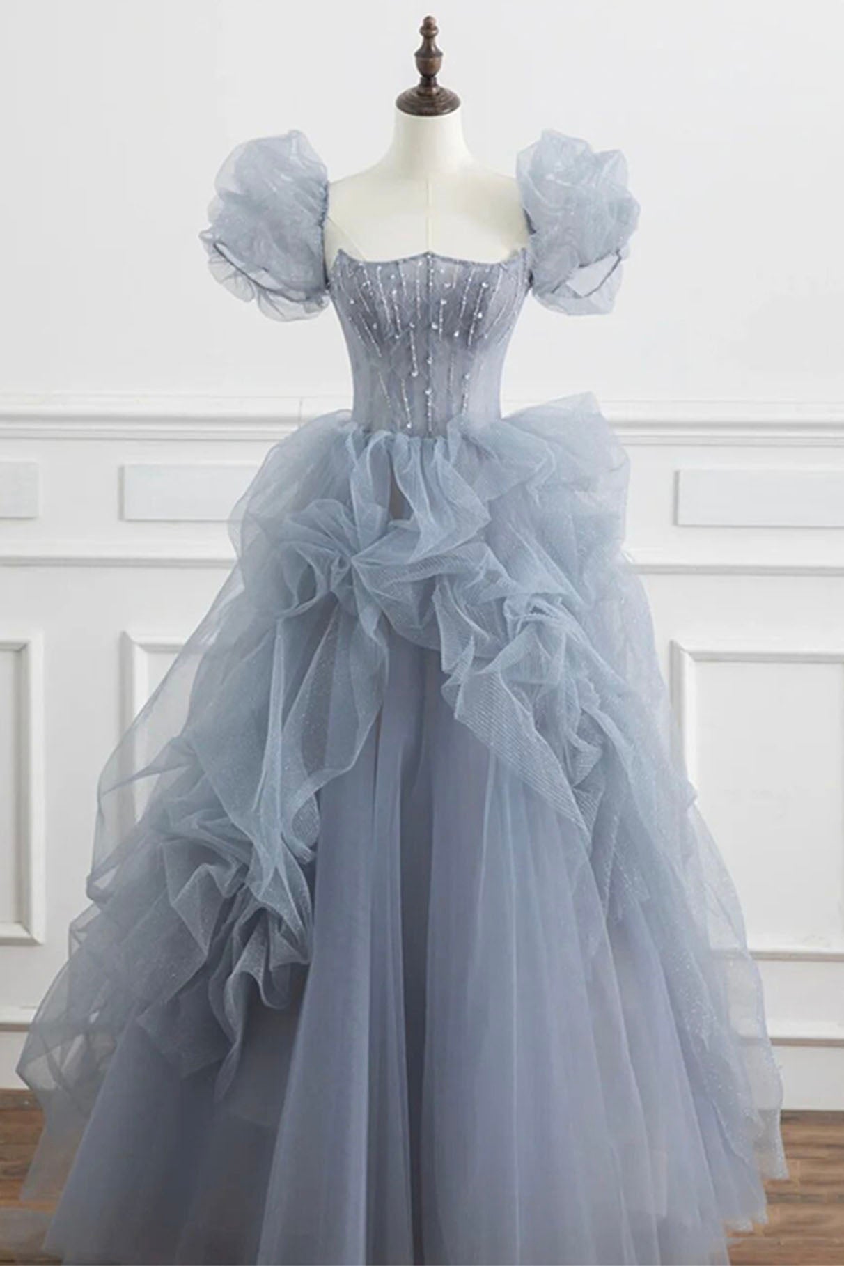Gray Tulle Long A-Line Prom Dress, Gray Short Sleeve Evening Dress