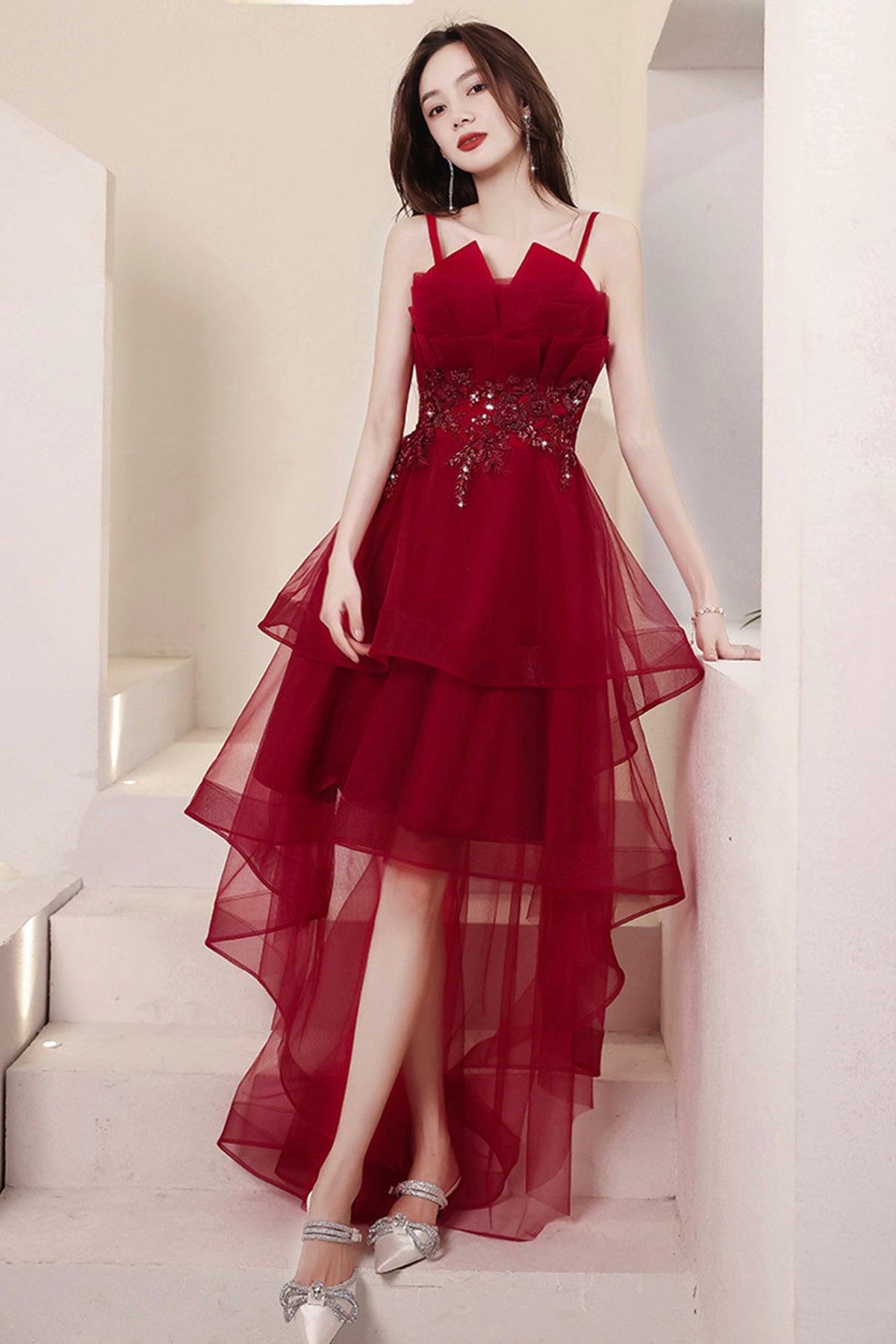 Burgundy Lace High-Low Prom Dress, Lovely Homecoming Party Dress
