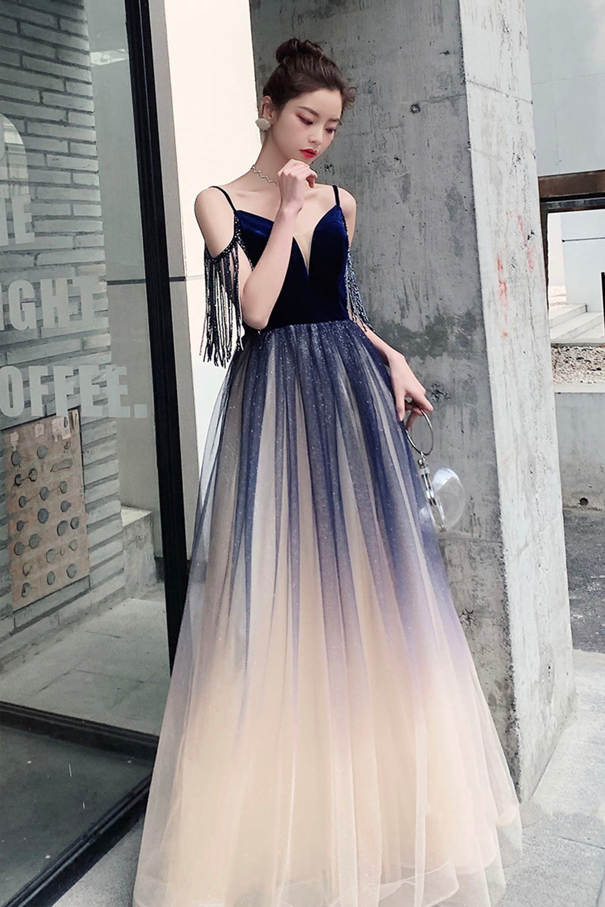 Blue Spaghetti Strap Gradient Long Formal Dress, A-Line V-Neck Prom Dr Blue Spaghetti Strap Gradient Long Formal Dress, A-Line V-Neck Prom Dr