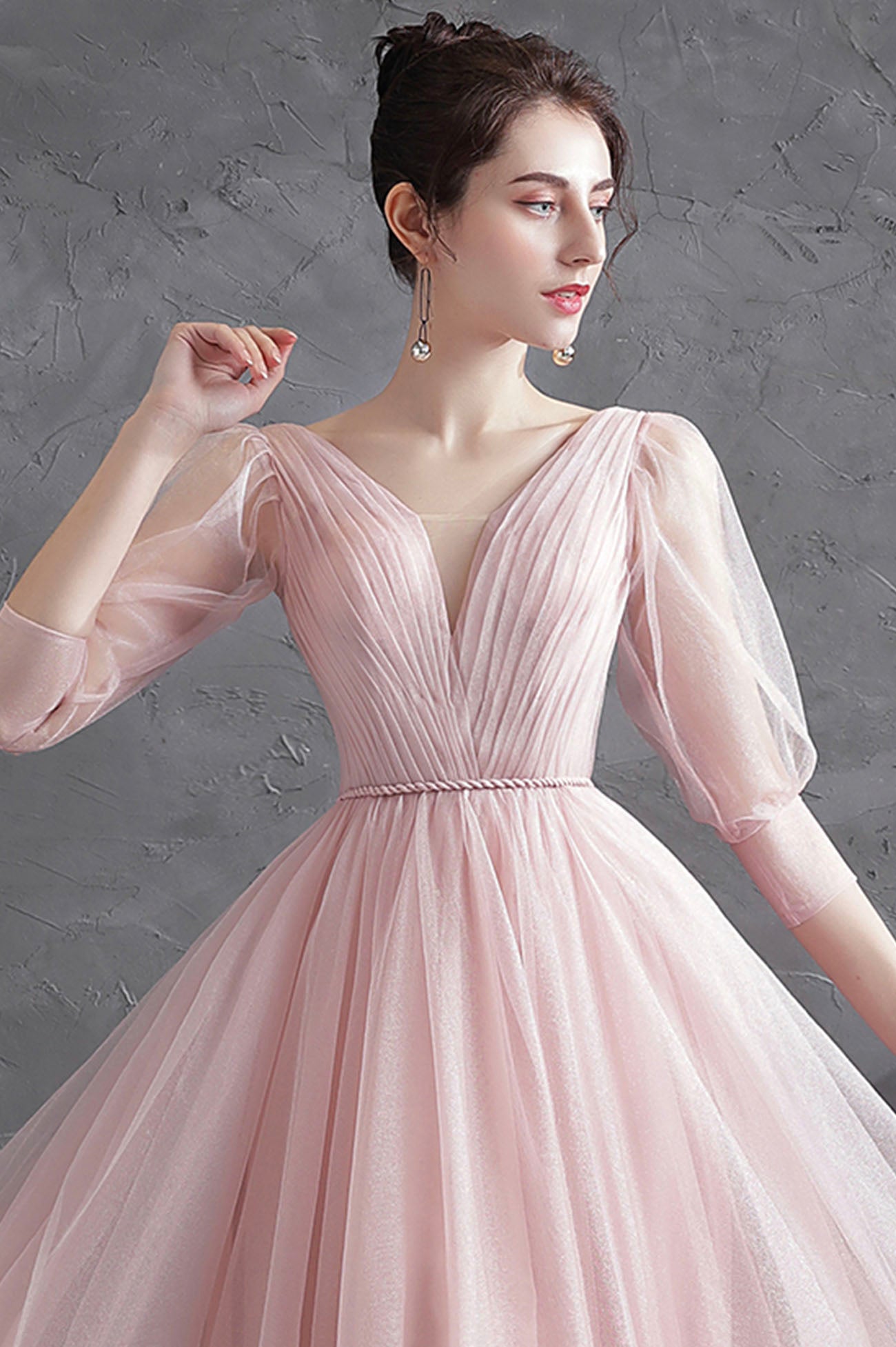 simple pink dress Pink V-Neck Tulle Long Prom Dress, Simple 1/2 Sleeve Evening Party Dre