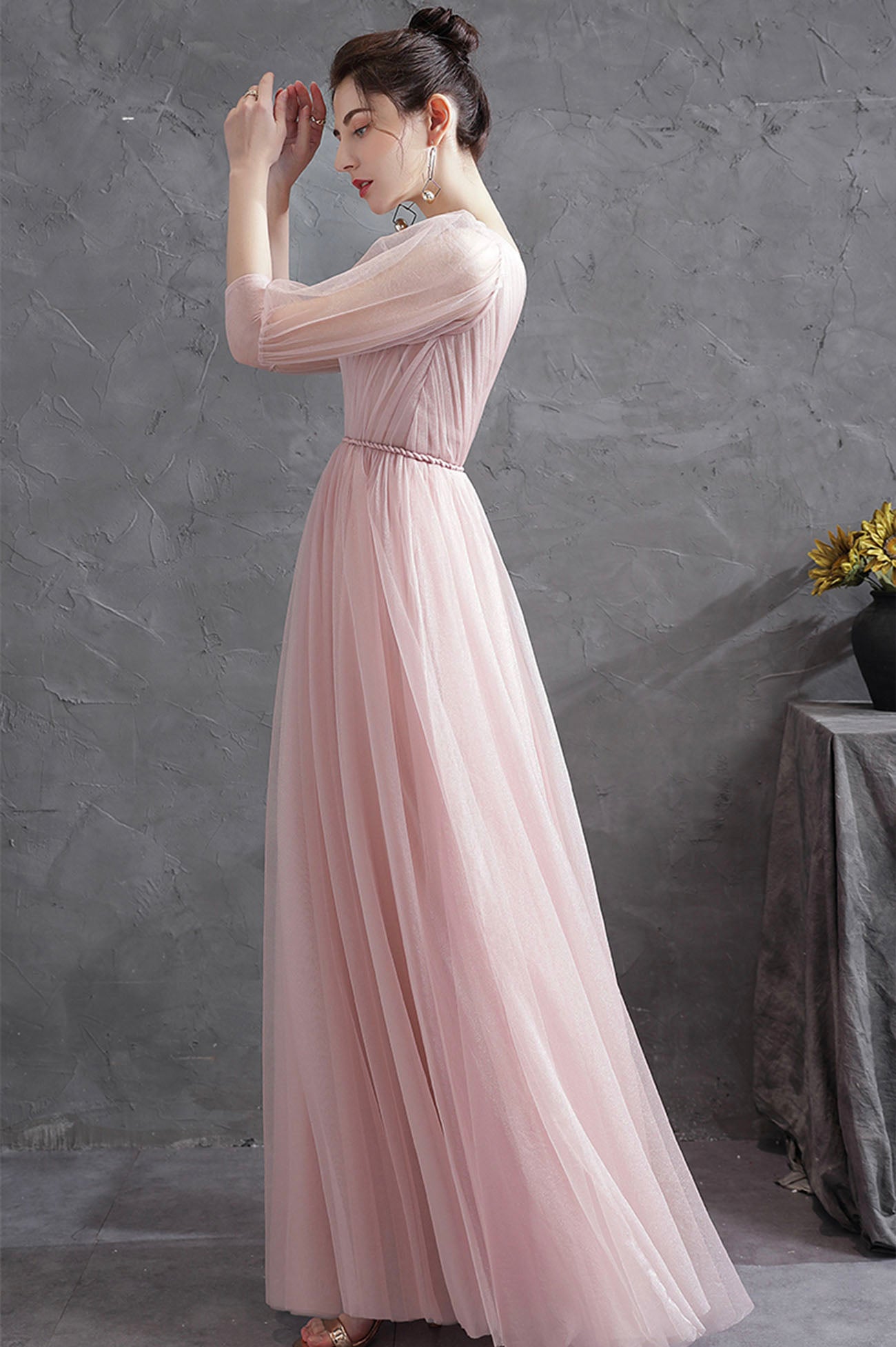 Pink V-Neck Tulle Long Prom Dress, Simple 1/2 Sleeve Evening Party Dress