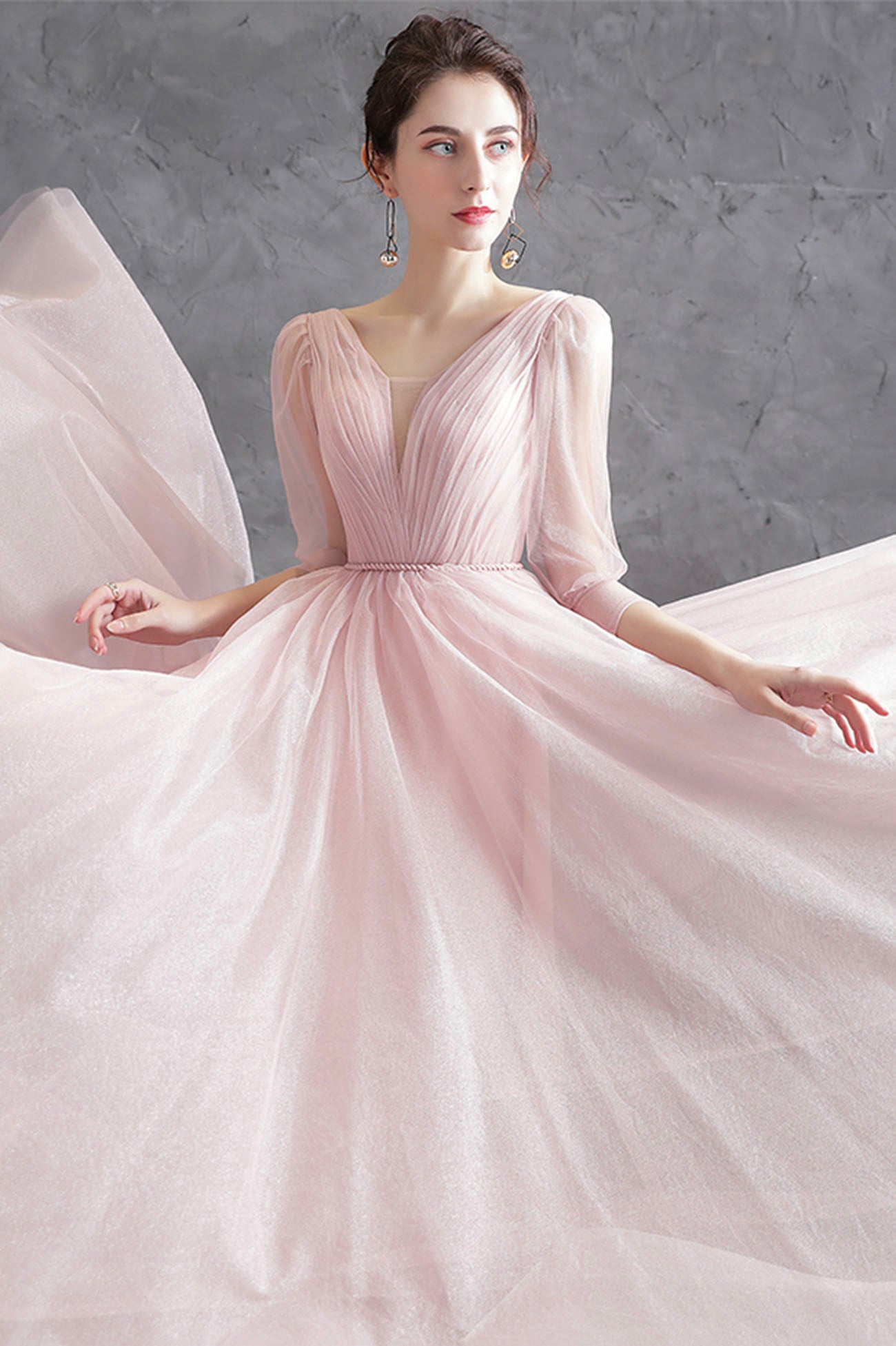 Pink V-Neck Tulle Long Prom Dress, Simple 1/2 Sleeve Evening Party Dress