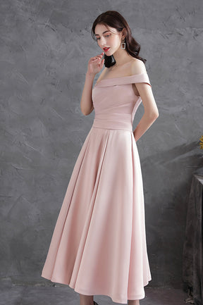 Pink Satin Short A-Line Prom Dress, Off the Shoulder Evening Party Dress