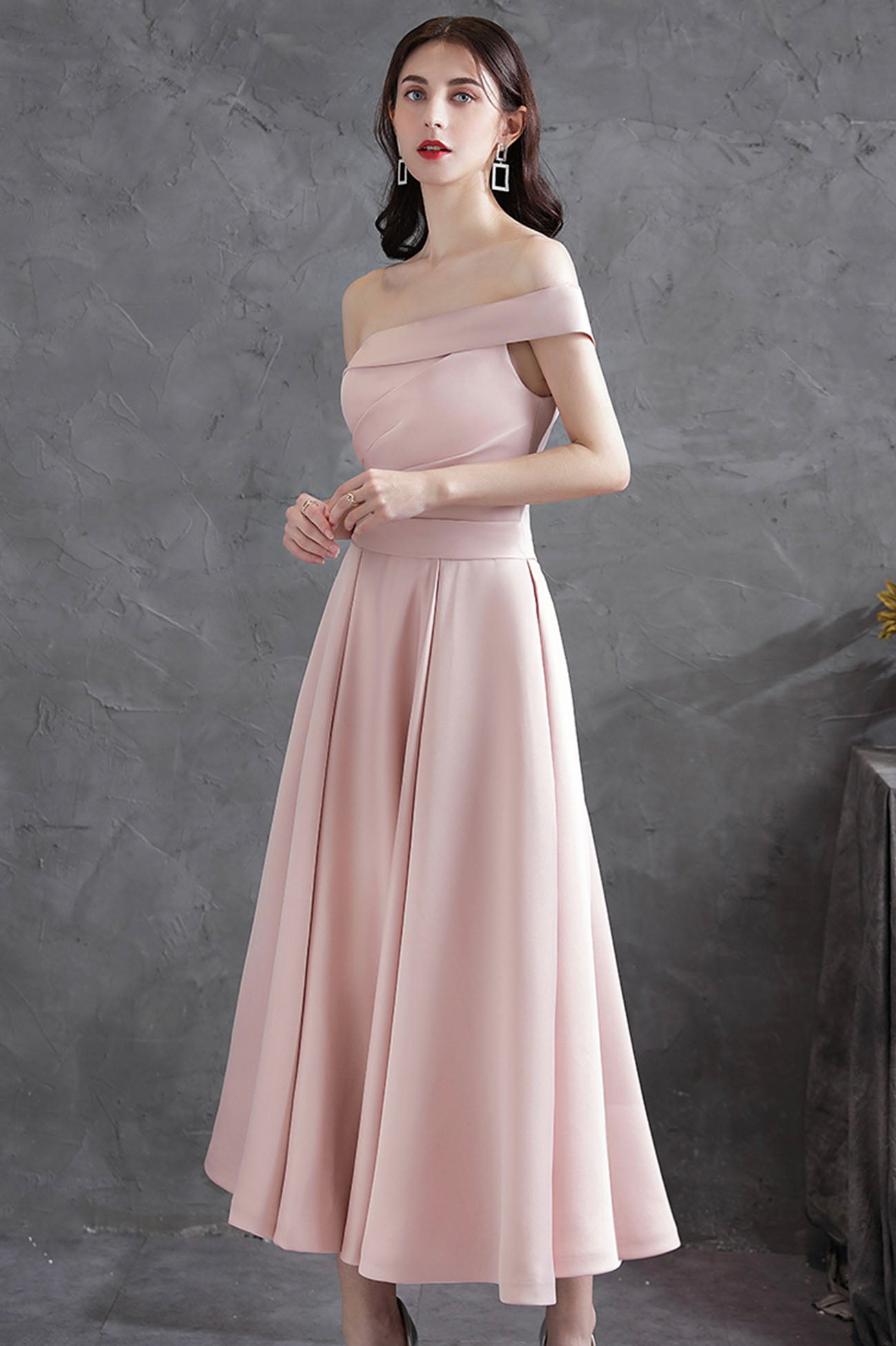 Pink Satin Short A-Line Prom Dress, Off the Shoulder Evening Party Dress