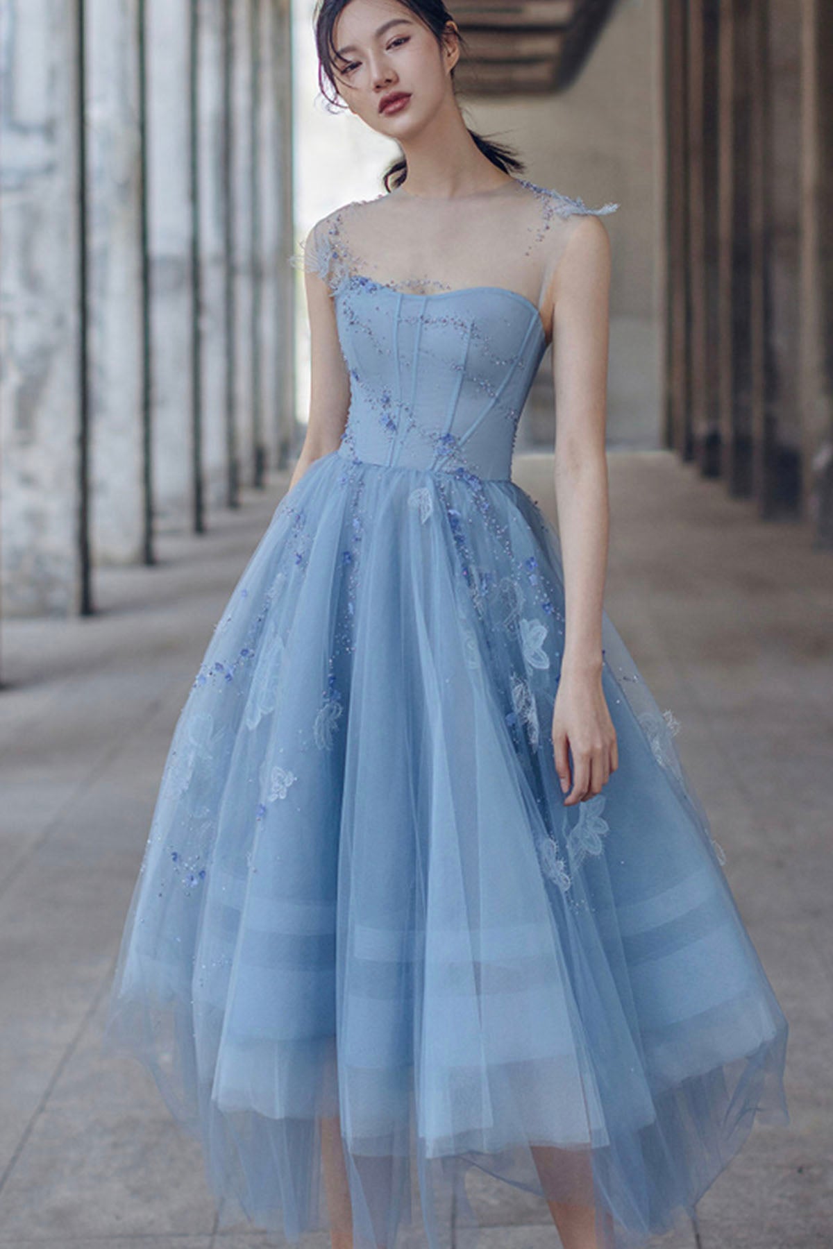 Blue Tulle Lace Short Prom Dress, Beautiful See Through Homecoming Party Dress