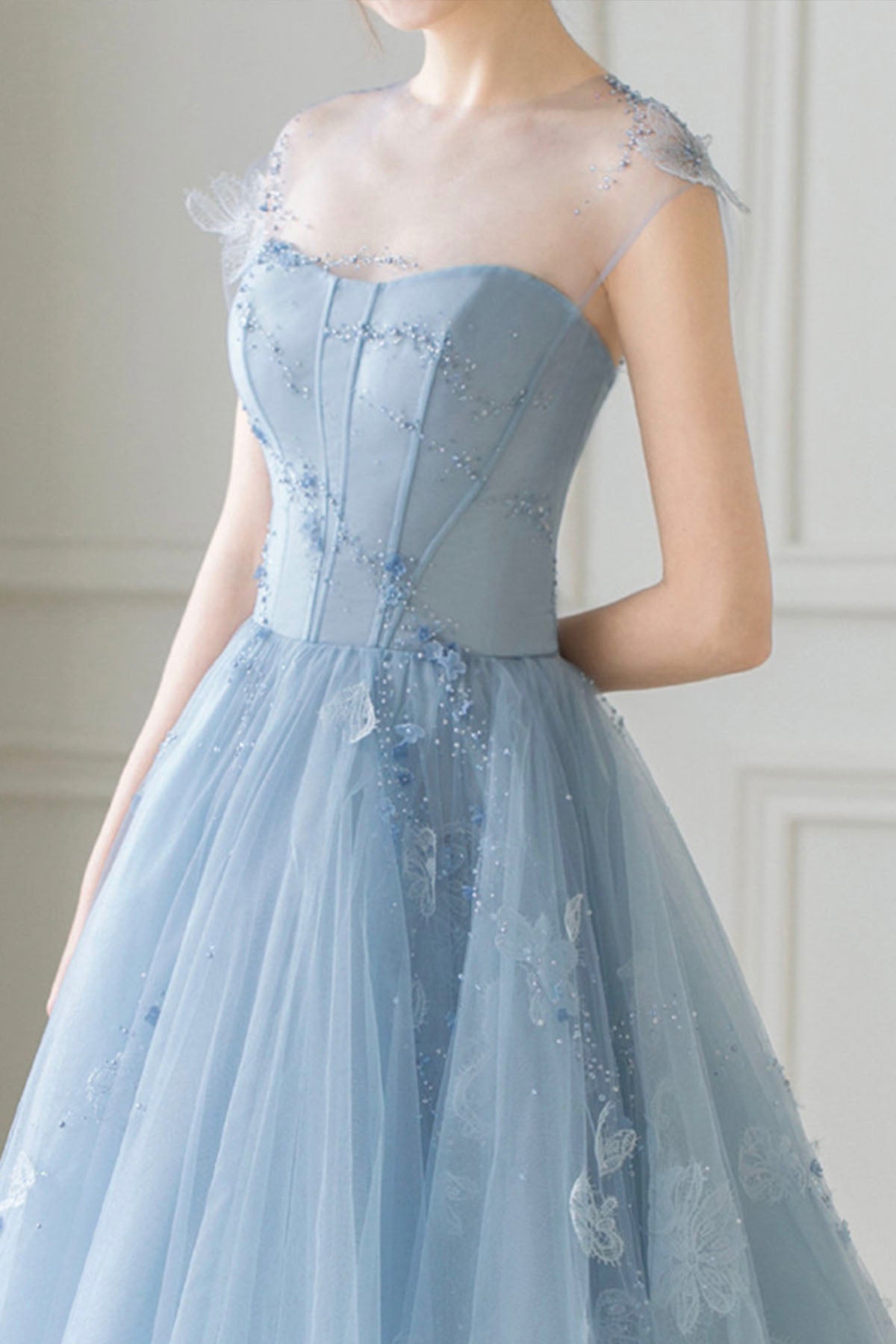 Blue Tulle Lace Short Prom Dress, Beautiful See Through Homecoming Party Dress