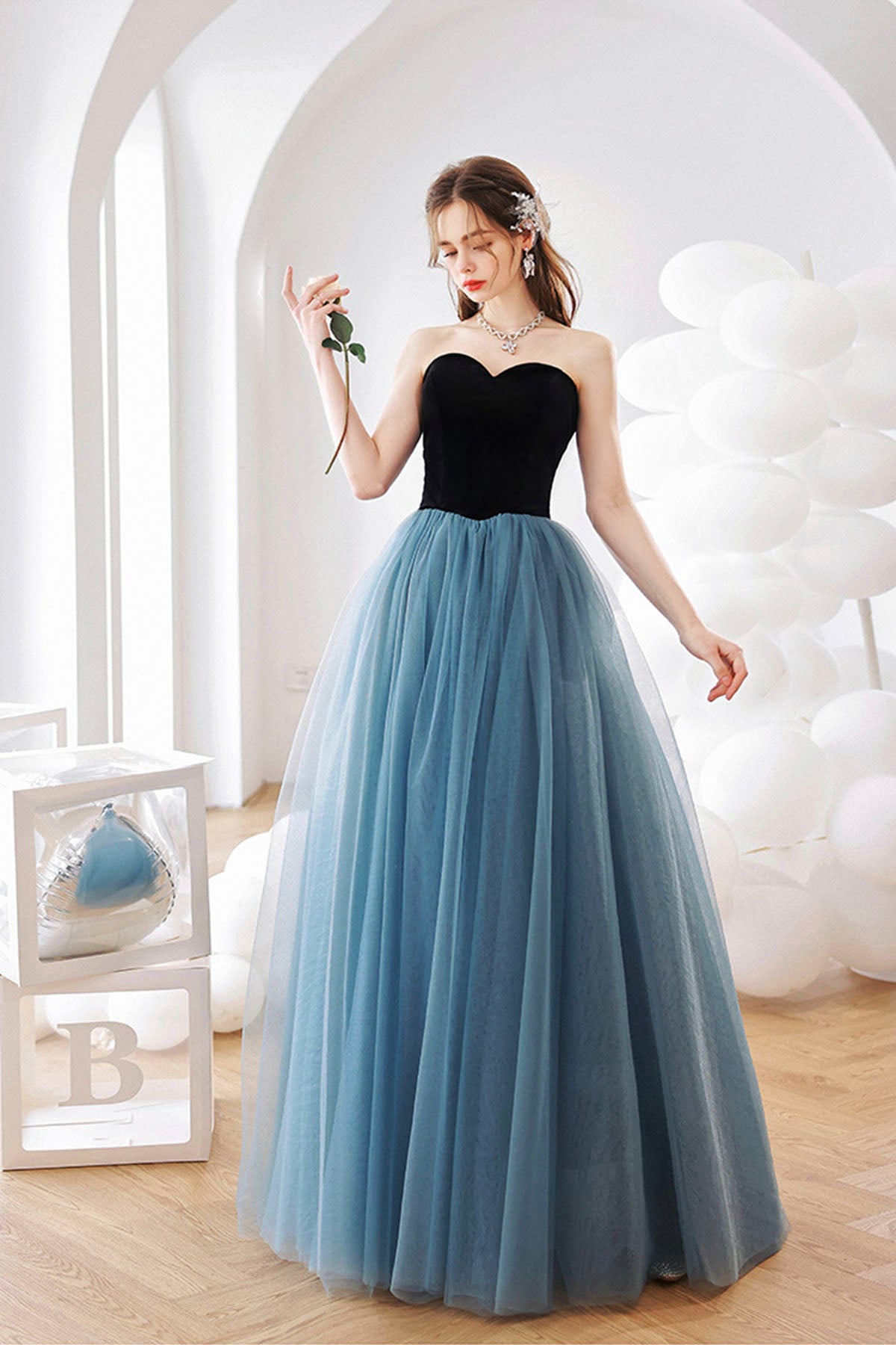 Blue Strapless Tulle Long Prom Dress, Blue A-Line Graduation Dress