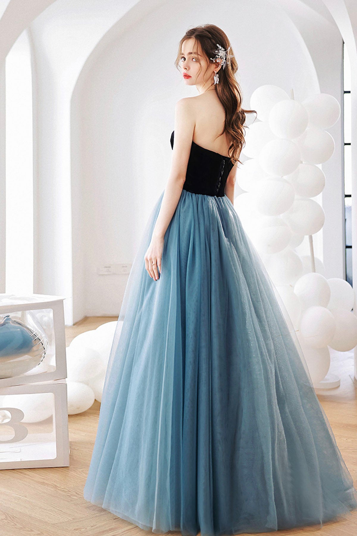 Blue Strapless Tulle Long Prom Dress, Blue A-Line Graduation Dress