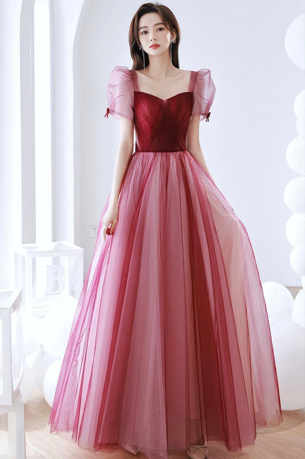 Prom Vi Burgundy Tulle Long Prom Dress, A-Line Short Sleeve Formal Evening Dre